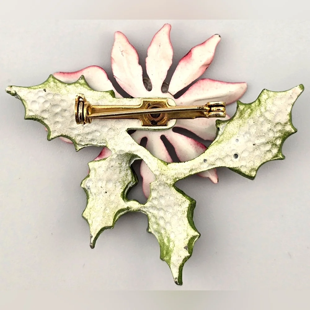 Vintage Enamel Poinsettia Flower Christmas Brooch Pin